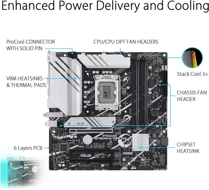 ASUS PRIME B760M-A WIFI D4 Gaming Mainboard Sockel Intel LGA 1700 (Intel B760, mATX, DDR4 Speicher,
