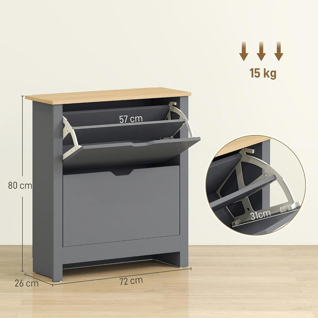 HOMCOM Schuhschrank mit 2 Klappen Schmal 72 x 26 x 80 cm Dunkelgrau | Schuhkipper mit verstellbar Tr