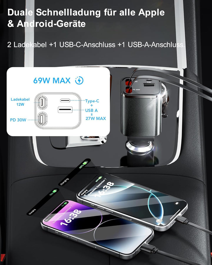 Aimtel Einziehbares Auto Ladegerät Zigarettenanzünder USB C KFZ Ladegerät Handy Ladegerät Auto Kompa