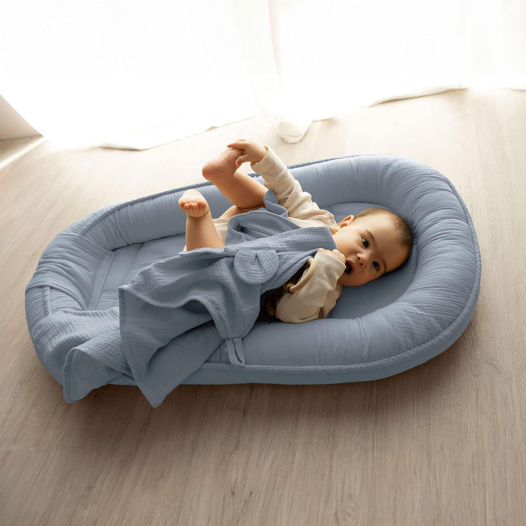 PaLulli Babynest aus 100% Musselin Baumwolle Premium Kuschelnest Babynestchen 100x60cm Klettverschlu