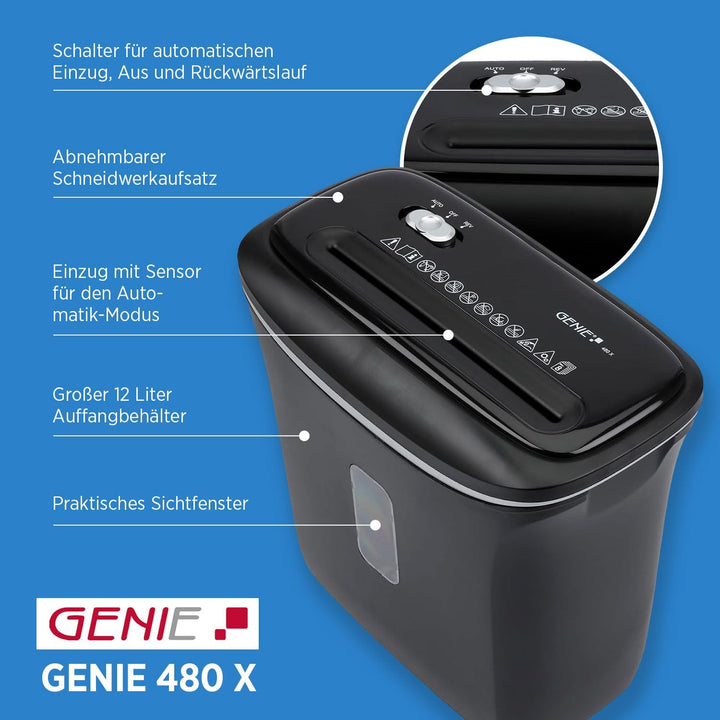 Genie 480X Aktenvernichter Shredder | Papierschredder 8 Blatt Partikelschnitt | Sicherheitsstufe P-4