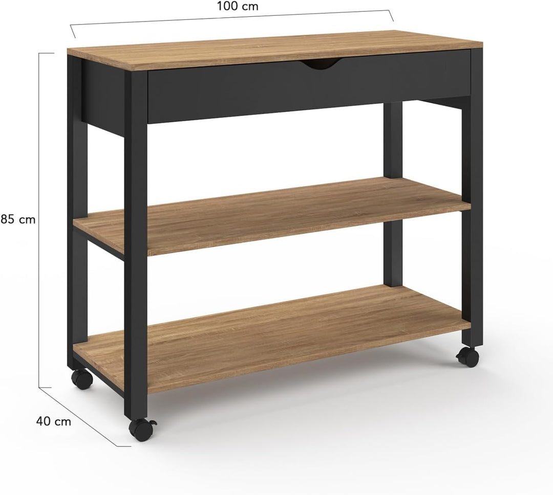 IDMarket - Küchenwagen PENH XXL mit Schublade und schwarzer Arbeitsplatte, Platten in Buche-Optik, L