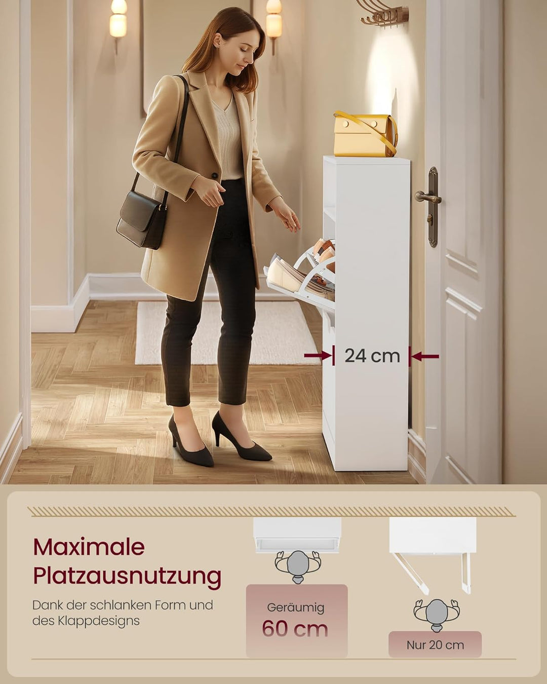 VASAGLE Schuhschrank 2 Klappen, Schuhkipper, Schuhregal, Schuhaufbewahrung, offenes Fach, Trennwand