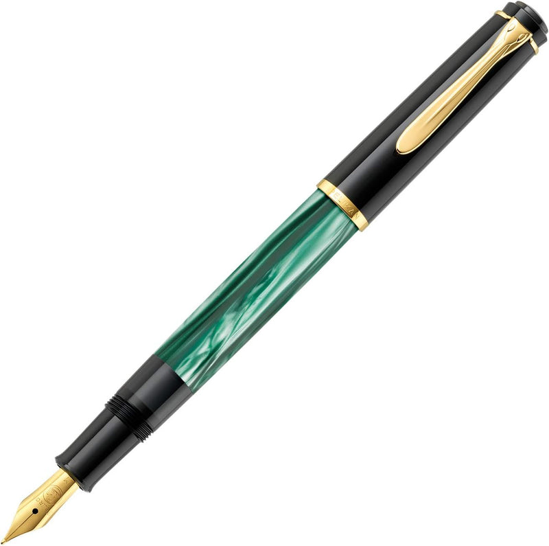 Pelikan Füllhalter Classic 200, Grün-Marmoriert, Feder F (fein), hochwertiger Kolbenfüller im Gesche