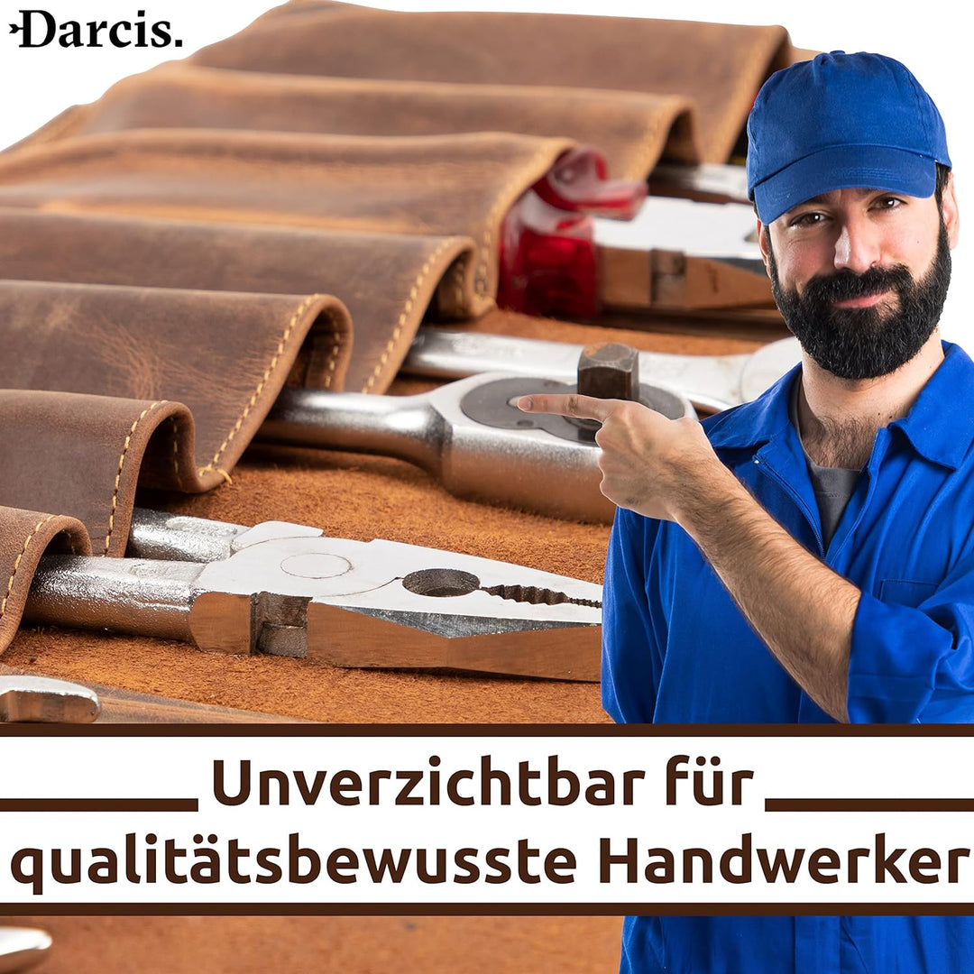 Darcis Werkzeugrolle in Braun - Aus echtem Rindsleder - Werkzeug Rolltasche mit 13 Fächern, 3 Knopft