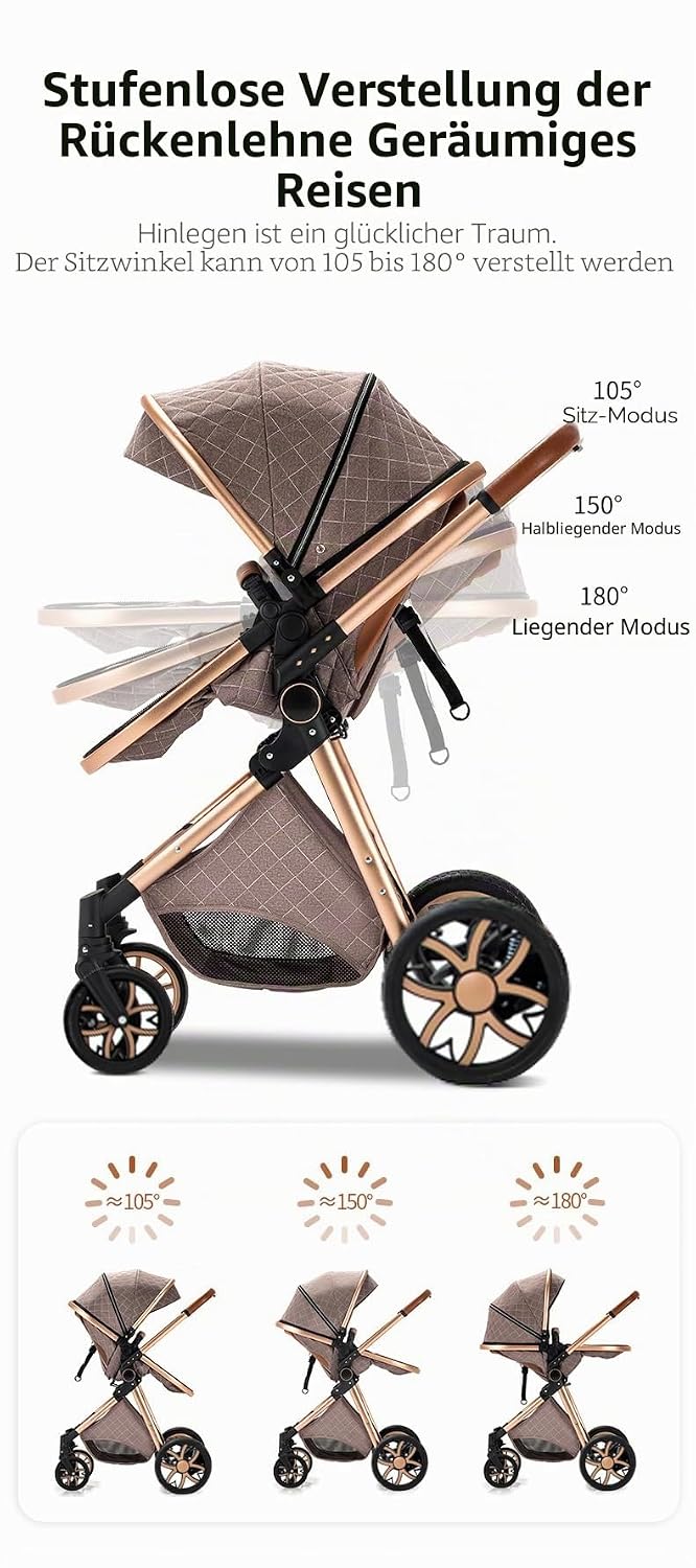 YAZOCO kinderwagen 3 in 1 Zusammenklappbar kinderwagen Komplettset Becherhalter, Moskitonetz, Fussab