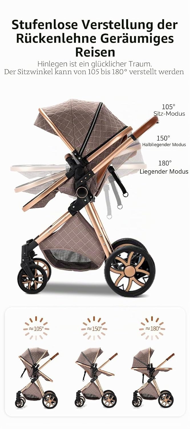 YAZOCO kinderwagen 3 in 1 Buggy Babybett Komplett Set Einem Klick Zusammenklappbarer Kinderwagen, Ko