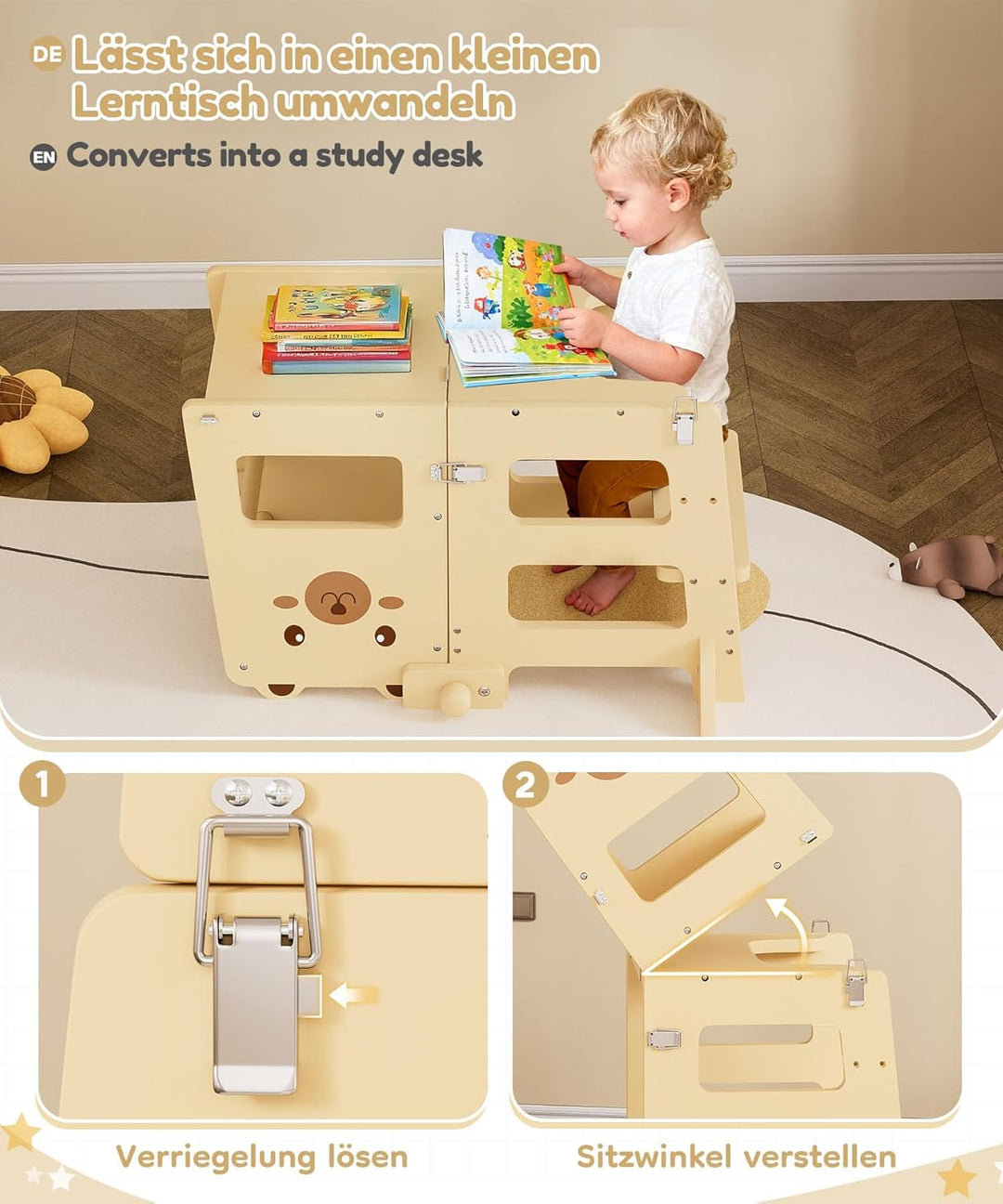 Yorbay Lernturm ab 1 Jahr Klappbar: 2 in 1 Montessori Learning Tower für Kinder mit Tafel - Tritthoc