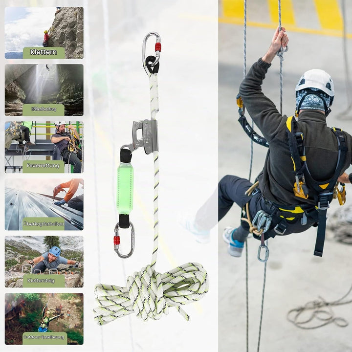 MENAYODA Safety Auffanggerät Mitlaufend auf 12mm Kernmantelseil 10m mit Bandfalldämpfer, PSA, Höhens
