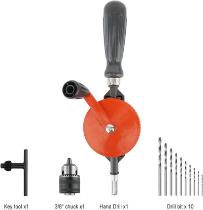 Housolution Handbohrmaschine, Leistungsstark 3/8 Zoll (1.5-10mm) Spannfutter Stahlguss Doppelritzel