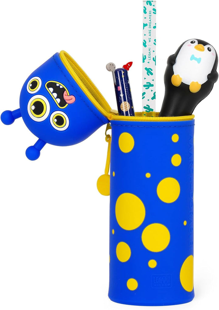 Legami - Kawaii 2-in-1 Schulmäppchen aus weichem Silikon, Tischstifthalter, Reissverschluss, Buntsti