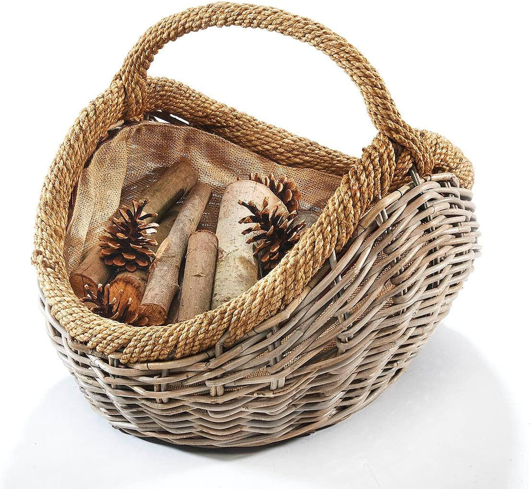 Kobolo Kaminholzkorb Holztrage Holzkorb für Kaminholz -Rattan- mit abnehmbarem Stoff aus Jute