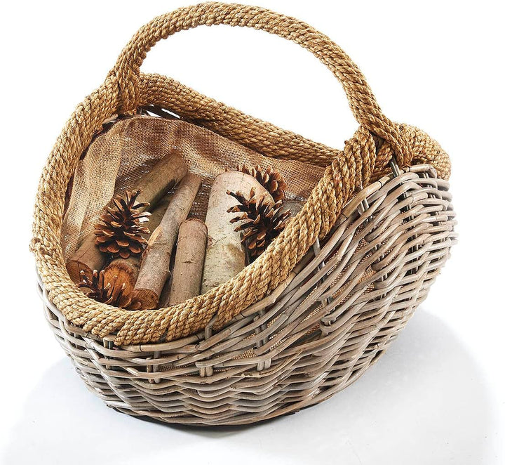 Kobolo Kaminholzkorb Holztrage Holzkorb für Kaminholz -Rattan- mit abnehmbarem Stoff aus Jute