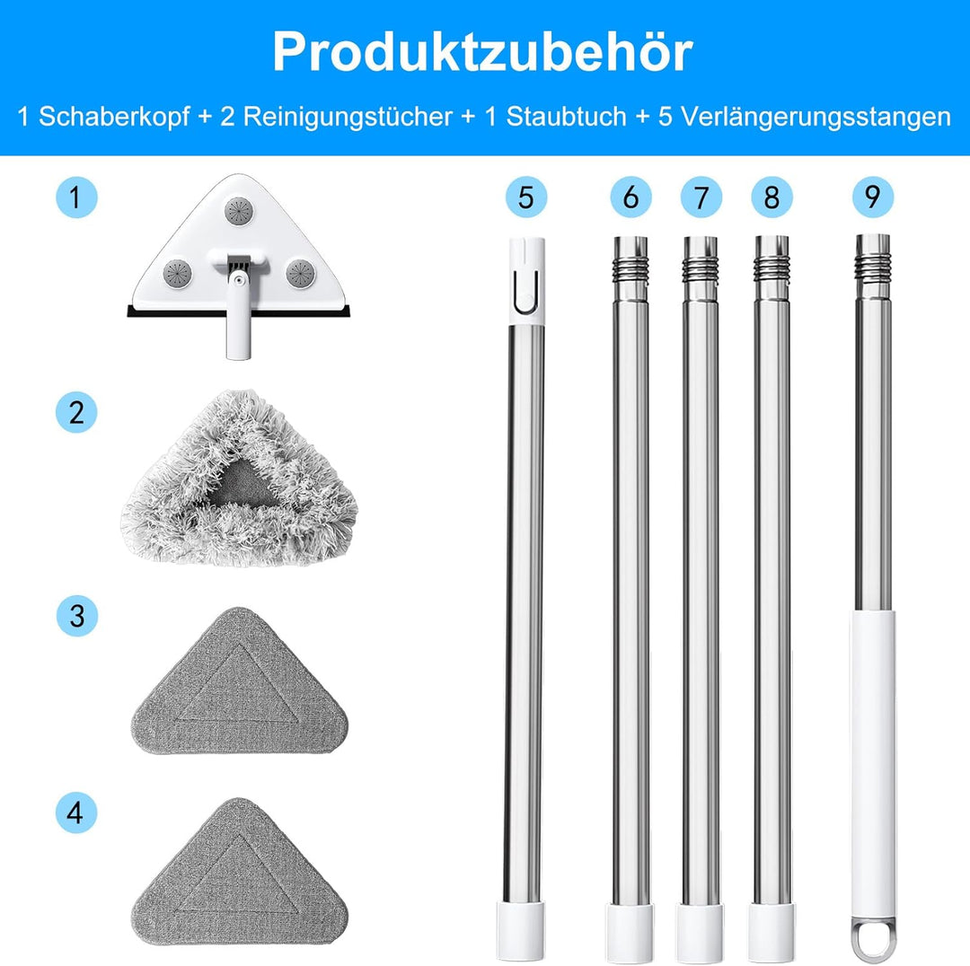 CTIME 3-in-1 Fensterreiniger mit 360° drehbarem Dreieckkopf & Teleskopstiel (200 cm) – Fensterabzieh