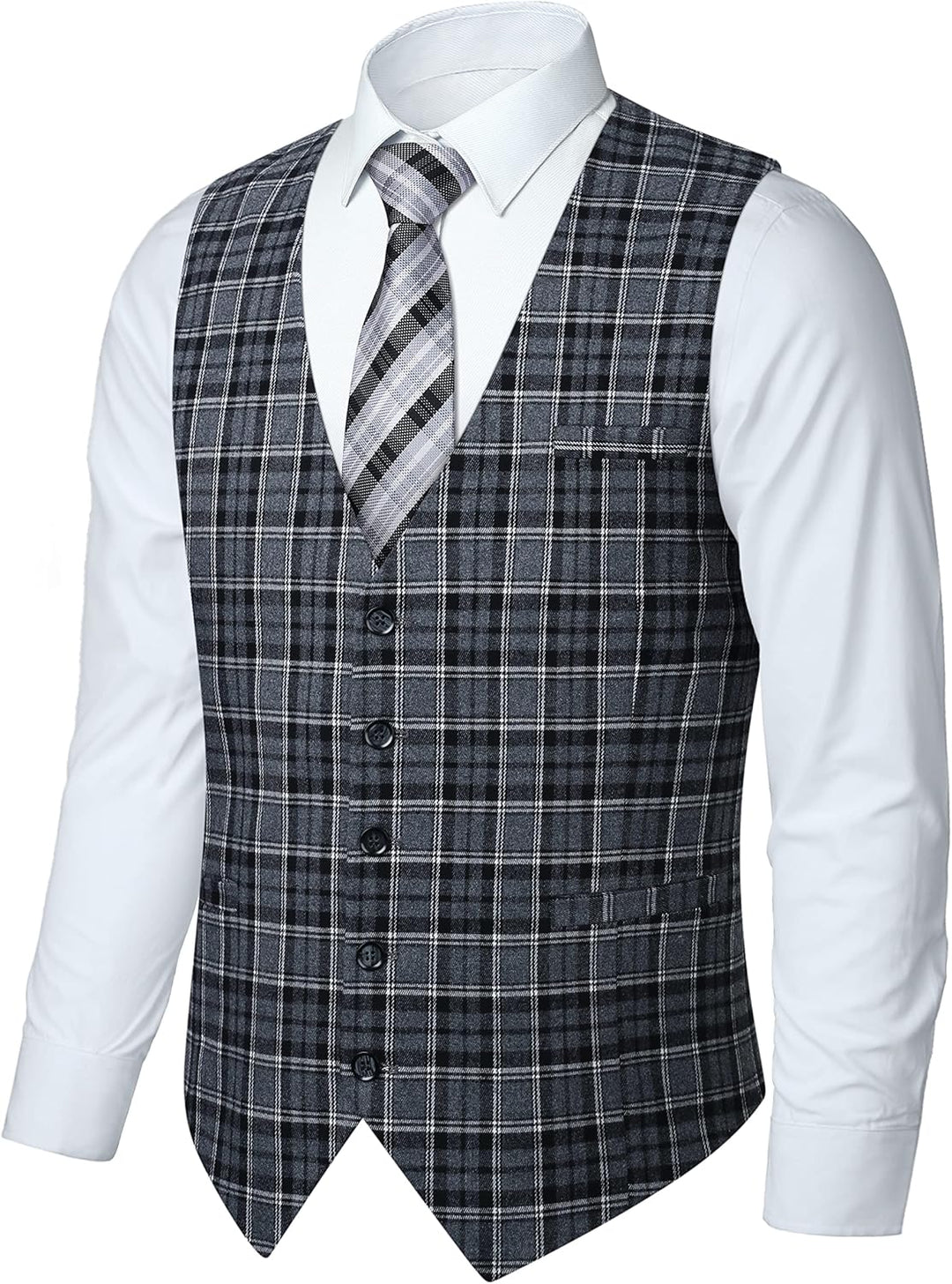 HISDERN Manner Formale Hochzeitsfeier Weste Baumwolle Plaid Kleid Anzug Weste für Herren Schwarz L,