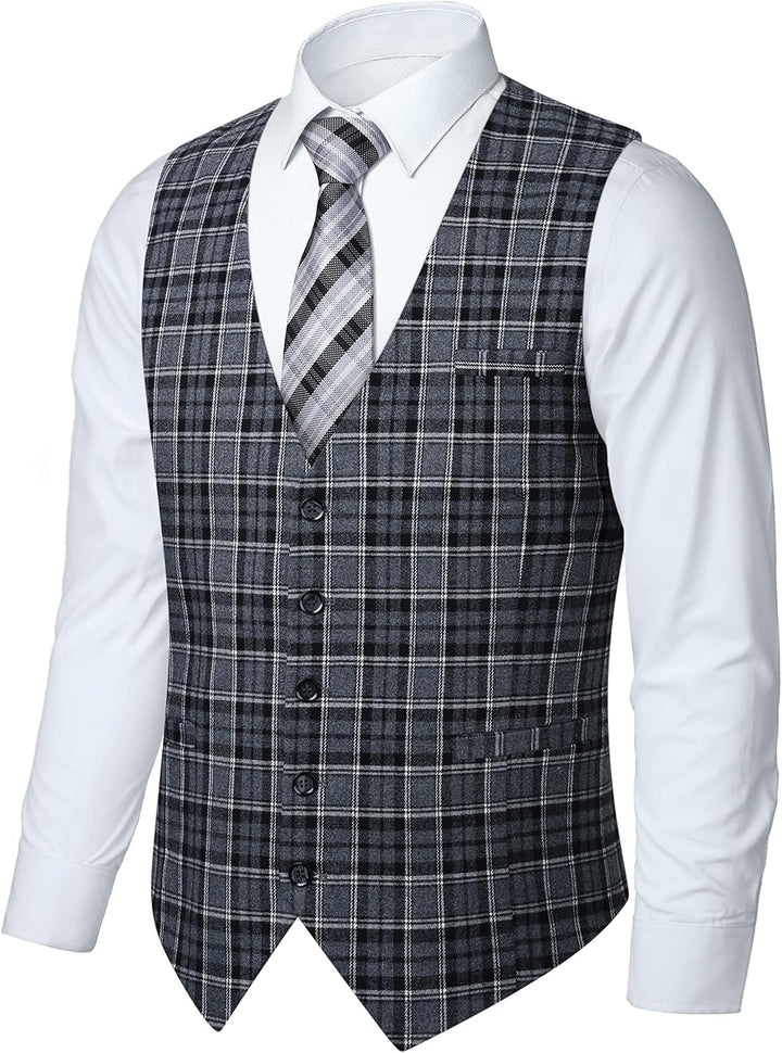 HISDERN Manner Formale Hochzeitsfeier Weste Baumwolle Plaid Kleid Anzug Weste für Herren Schwarz L,