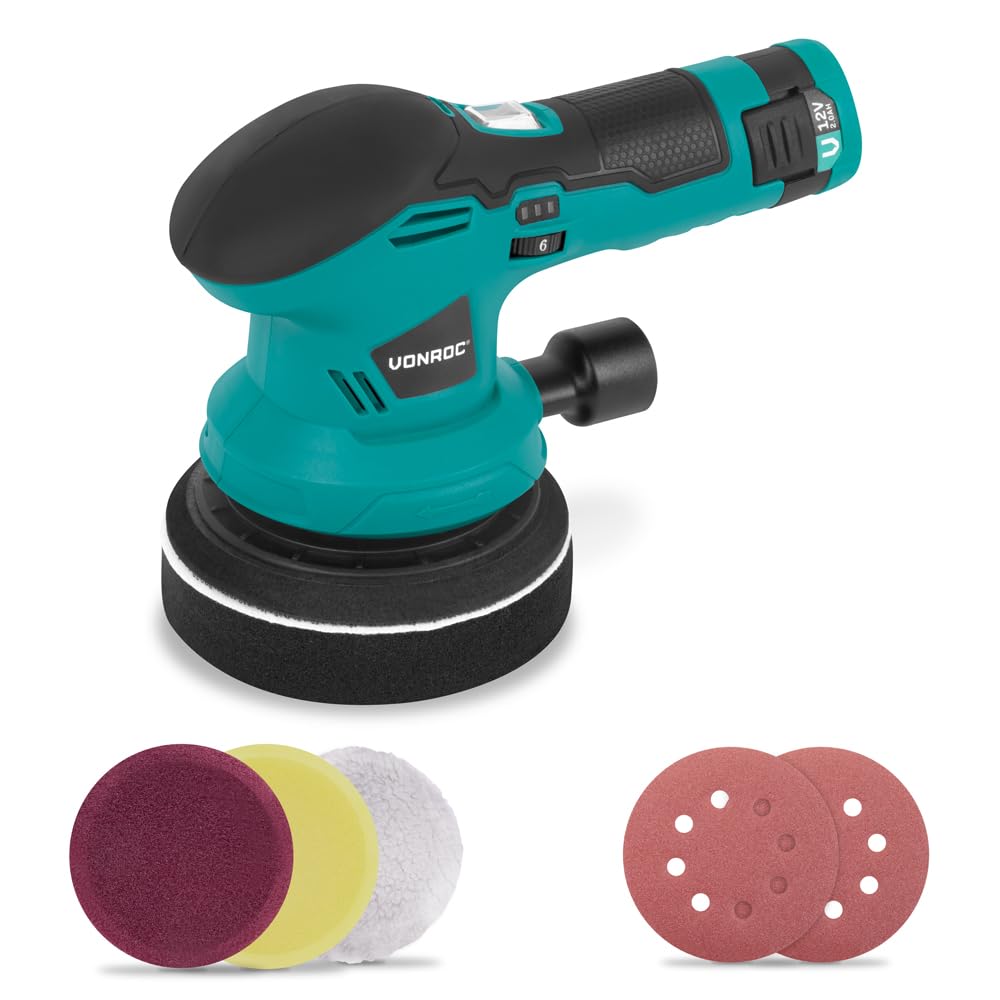 VONROC Poliermaschine 12 V – Ø 125 mm – Double Action – 2-in-1: Polieren und Schleifen – inkl. Akku,
