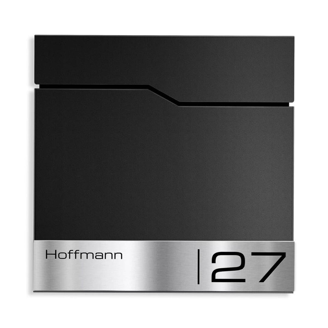 Metzler Briefkasten in RAL 9005 Tiefschwarz Enno - Wandbriefkasten mit V2A Edelstahl-Namensschild &