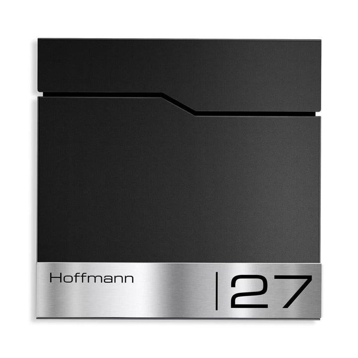 Metzler Briefkasten in RAL 9005 Tiefschwarz Enno - Wandbriefkasten mit V2A Edelstahl-Namensschild &