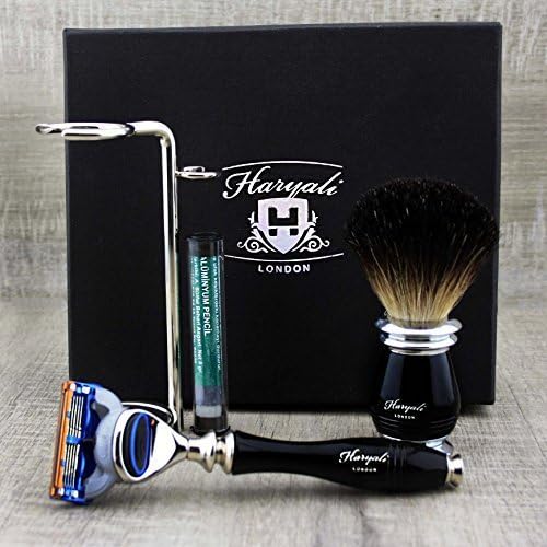 Haryali London Black Luxury Herren Rasierset 5 Edge Rasiermesser, Rasierpinsel, Rasierständer und Al