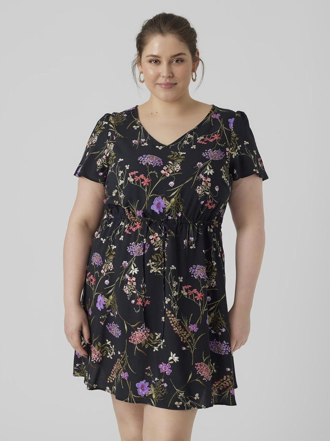 VERO MODA Damen Viskose Kleid VMEasy V-Neck Kurzarm Sommerkleid S Black/Aop:mille, S Black/Aop:mille