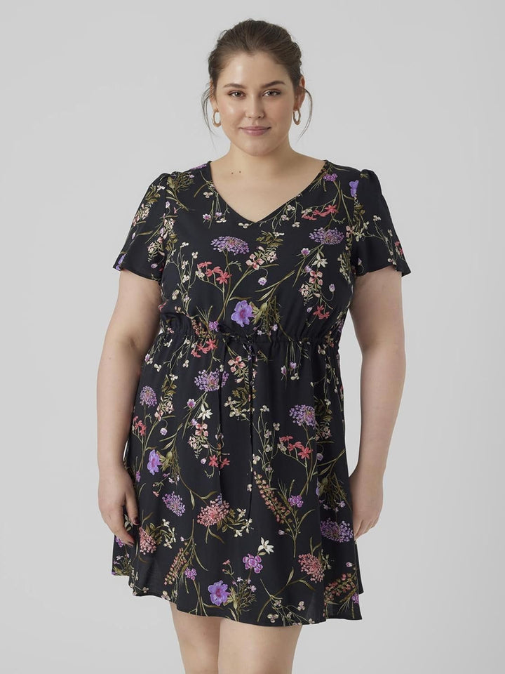 VERO MODA Damen Viskose Kleid VMEasy V-Neck Kurzarm Sommerkleid S Black/Aop:mille, S Black/Aop:mille