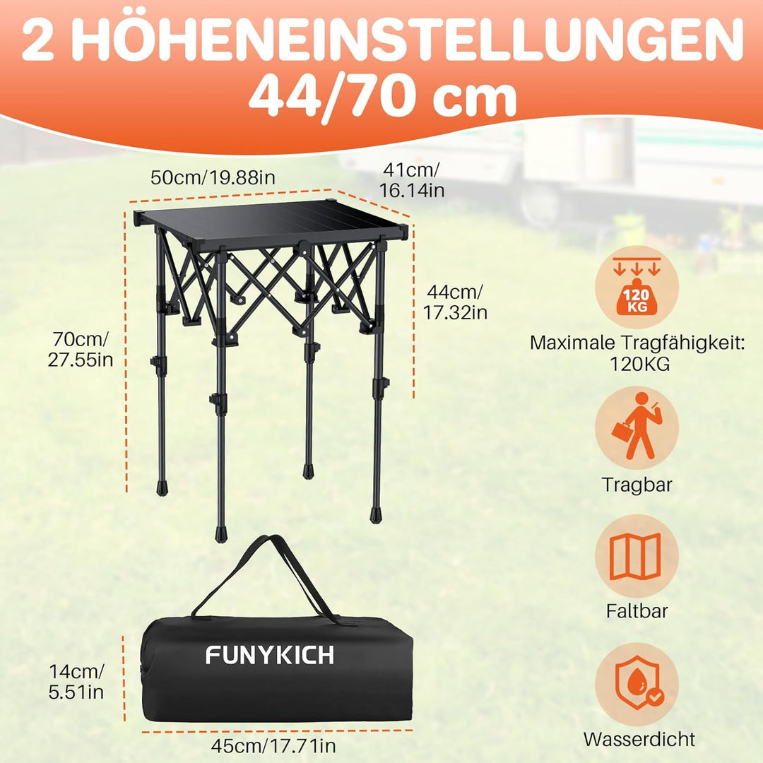 FUNYKICH Aluminium Klapptisch mit Tragetasche 50.5x41cm, X Form klappbarer Campingtisch mit 2 Höhenv