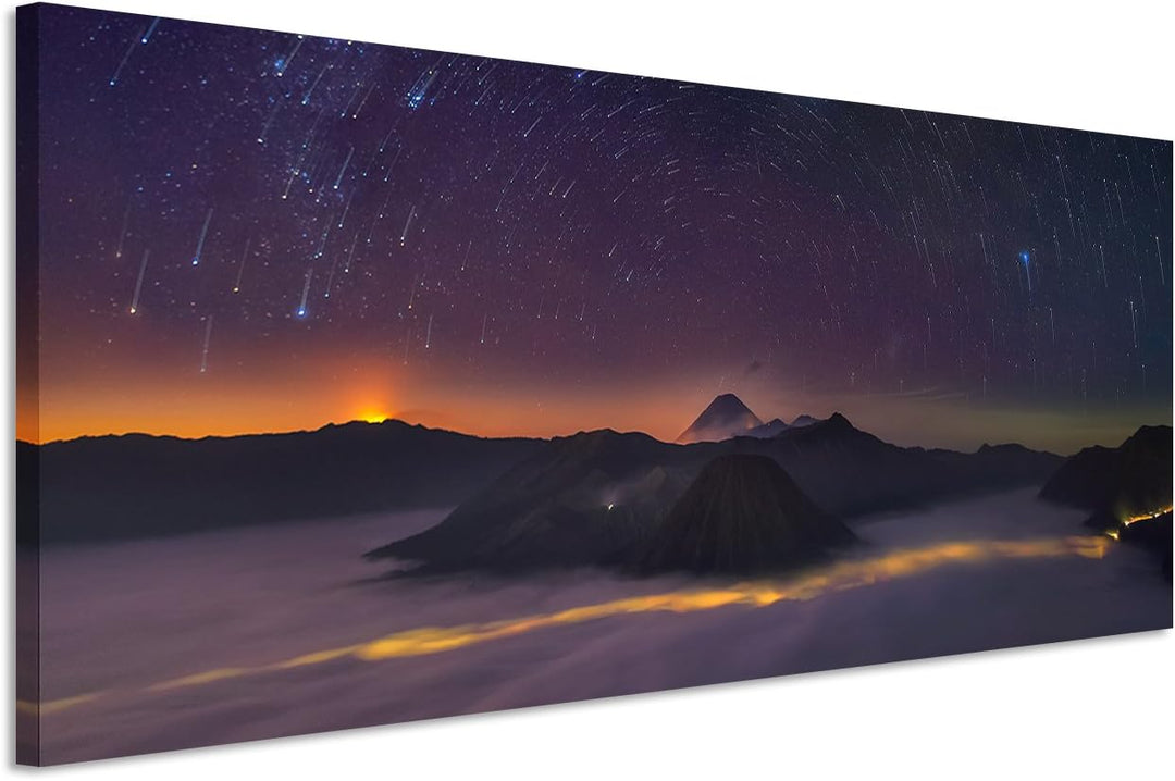 Sinus Art Wandbild 150x50cm Landschaftsfotografie – Sterne und Berge auf Leinwand für Wohnzimmer, Bü
