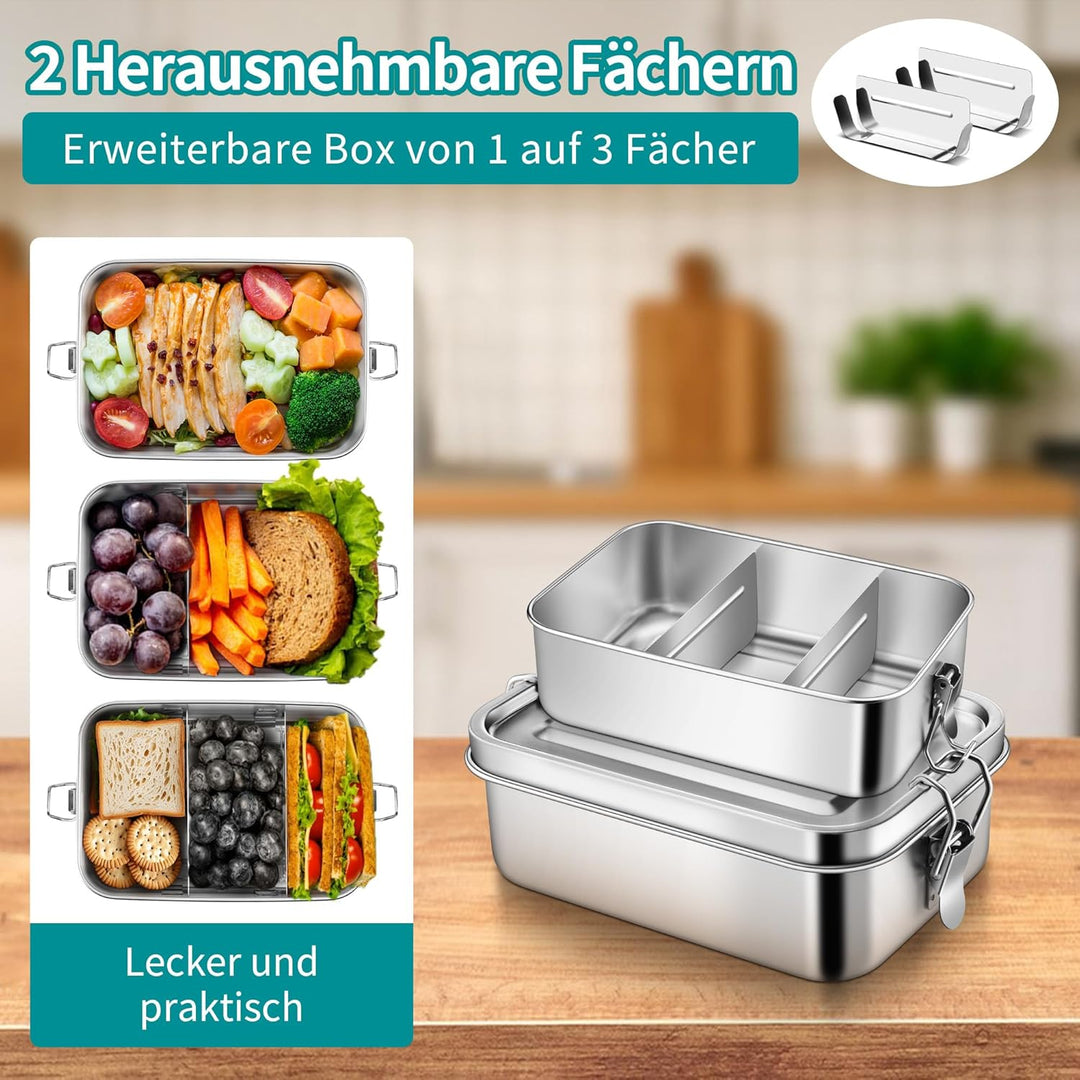 Joyfair Brotdose mit Fächern, 2 Stück Edelstahl Bento Box mit Abnehmbar Fächern für Erwachsene & Kin