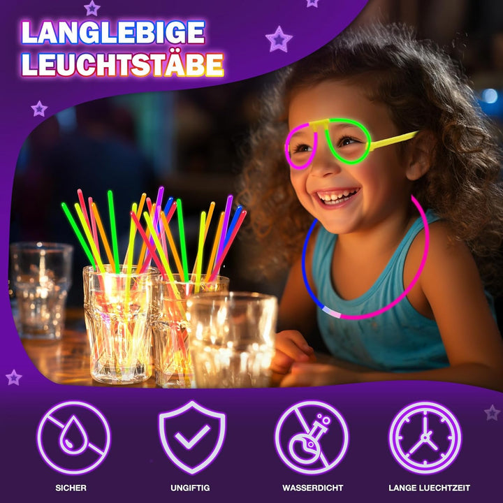 Knicklichter Party Set,100 Stück Leuchtstäbe 130 Verbinder,Neon Knicklichter Ketten und Leuchtbrille