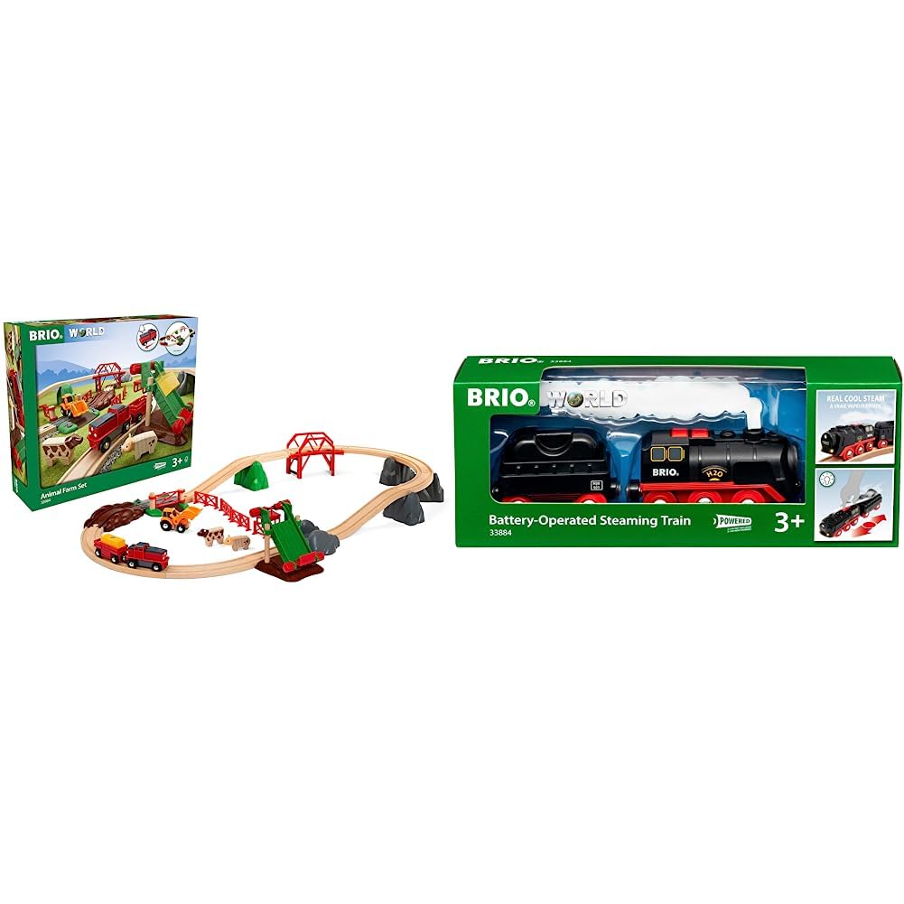 BRIO 33984 - Bauernhof Set - Holzeisenbahn mit Bauernhof, Tieren und Holzschienen & World 33884 Batt