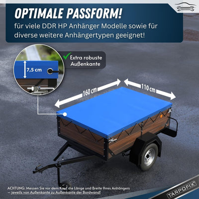 Tarpofix® Anhängerplane Flachplane 160 x 110 x 7,5 cm + 2x Planenbügel (verstellbar 100-145 cm) - ra