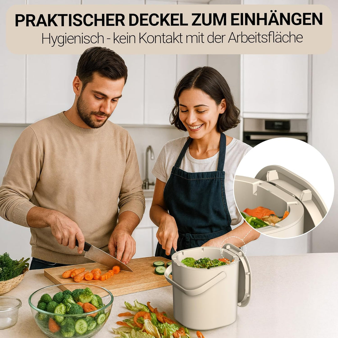 PTMS® Biomülleimer Küche 6L - Biomüll mit praktischem Deckel zum Einhängen & Innensieb - Spülmaschin
