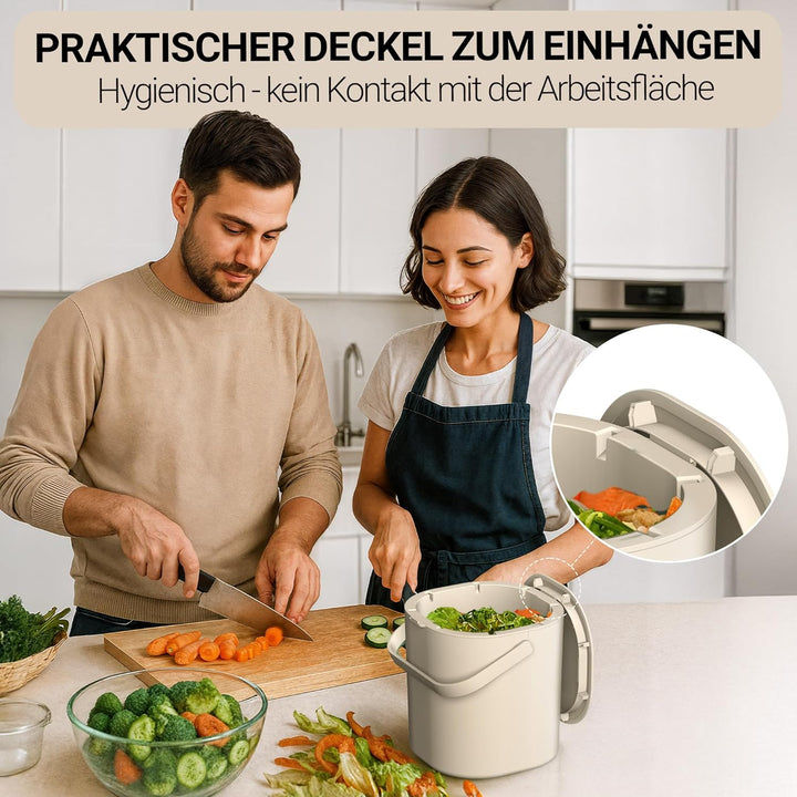 PTMS® Biomülleimer Küche 6L - Biomüll mit praktischem Deckel zum Einhängen & Innensieb - Spülmaschin