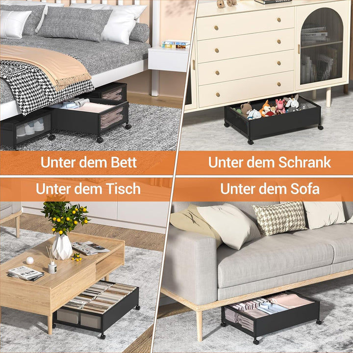 Unterbett Aufbewahrungsbox, 2 Stück Unterbettkommode mit Rollen, Metallrahmen Unterbett Aufbewahrung