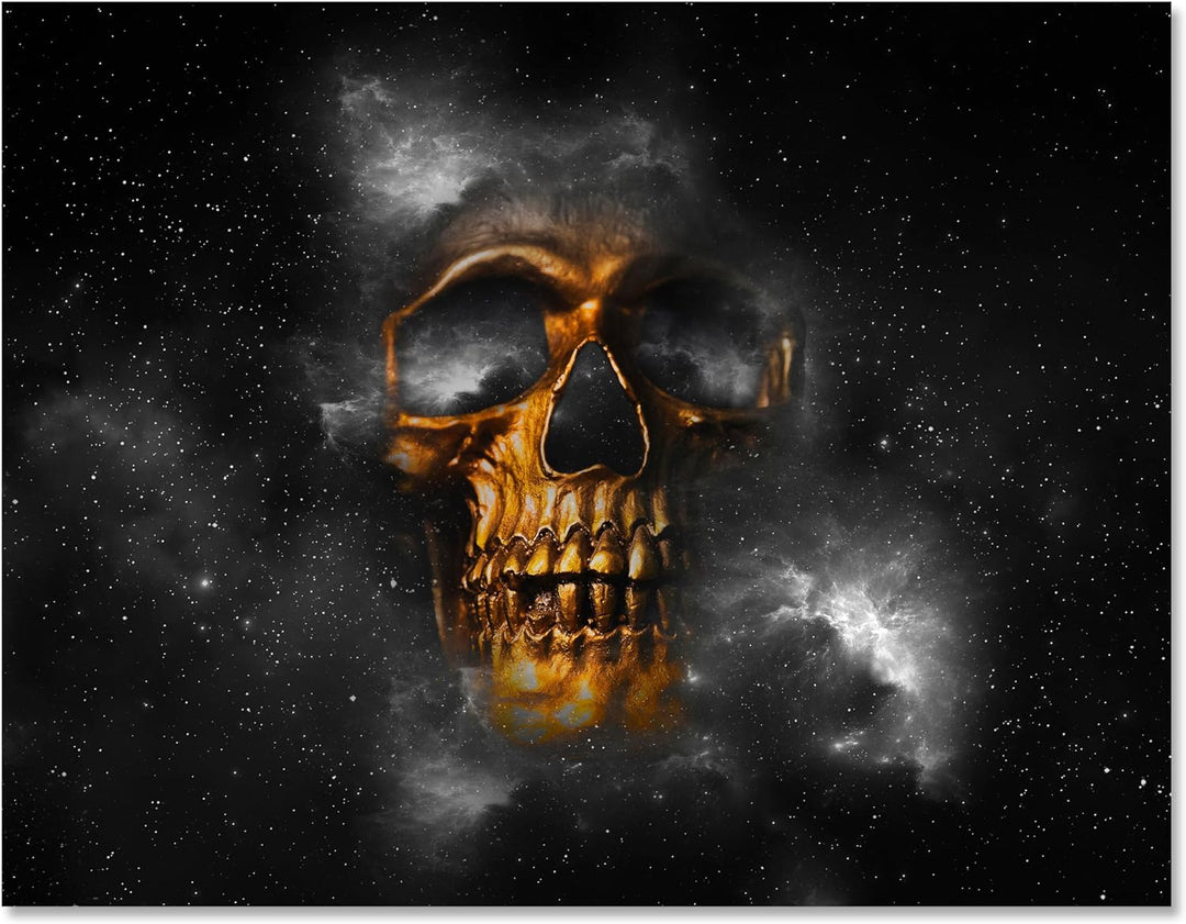 wandmotiv24 Leinwand-Bilder Totenköpfe, Grösse 80x60cm, Querformat, Totenkopf in Gold, Knochen, Welt