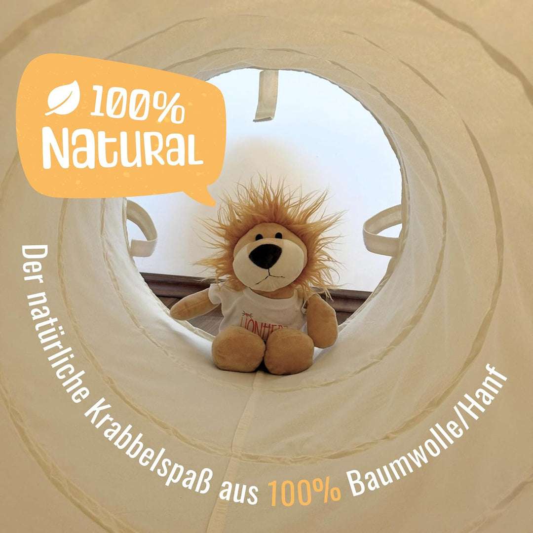 LIONHERZ® Spieltunnel für Kinder aus Baumwolle/Hanf mit Klettverschlüssen [180cm x 46cm] Krabbeltunn