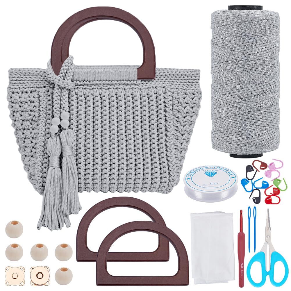 INFUNLY DIY Häkeltaschen Set für Anfänger Erwachsene Hellgraue Tasche Häkel Set mit Schritt Videoanl