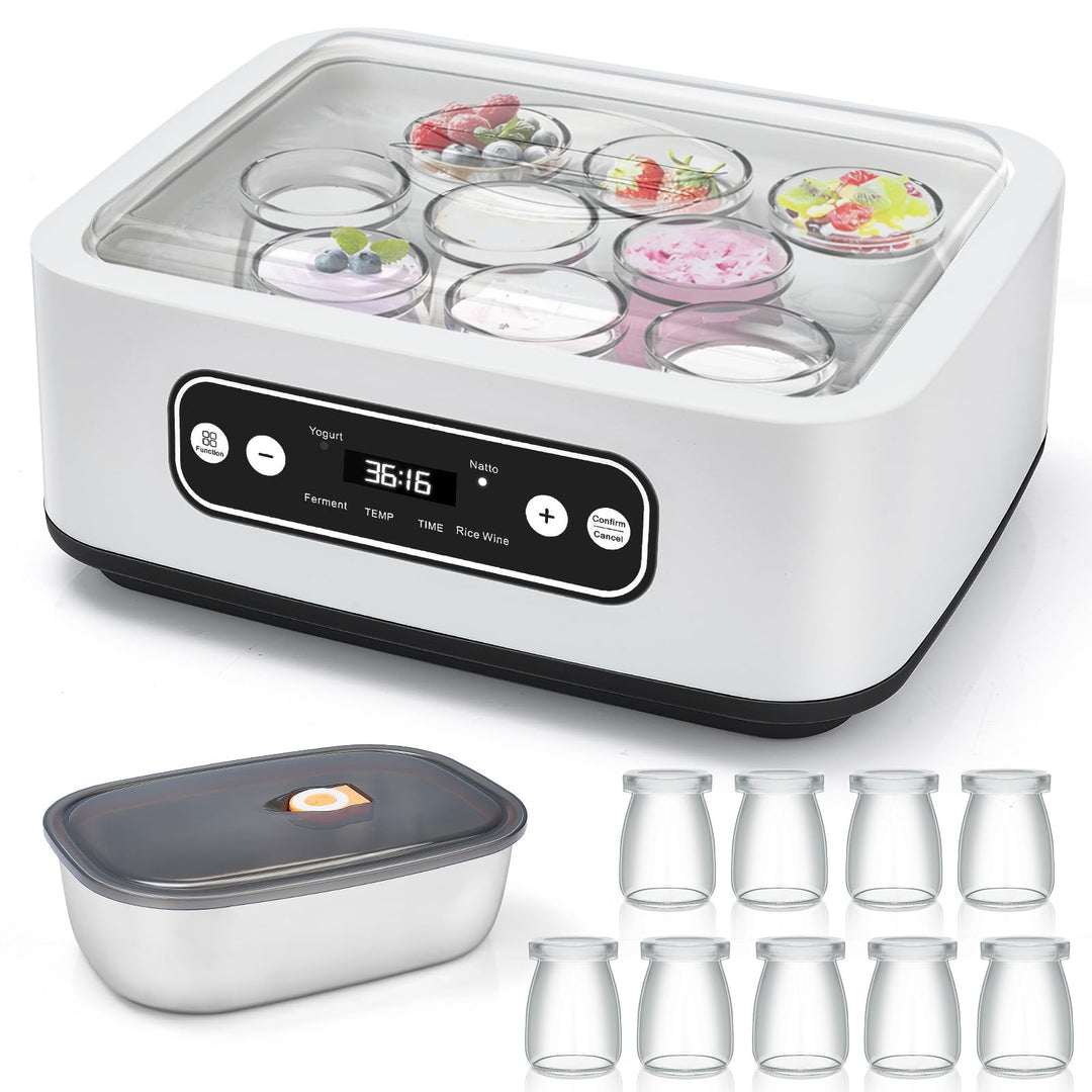 Jogurtbereiter, 9 Glasbehälter à 90 ml für bis 1,6L selbstgemachten Joghurt,Yogurt Maker mit Tempera