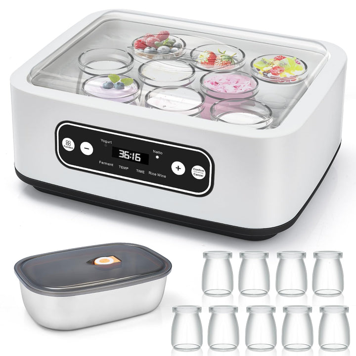 Jogurtbereiter, 9 Glasbehälter à 90 ml für bis 1,6L selbstgemachten Joghurt,Yogurt Maker mit Tempera