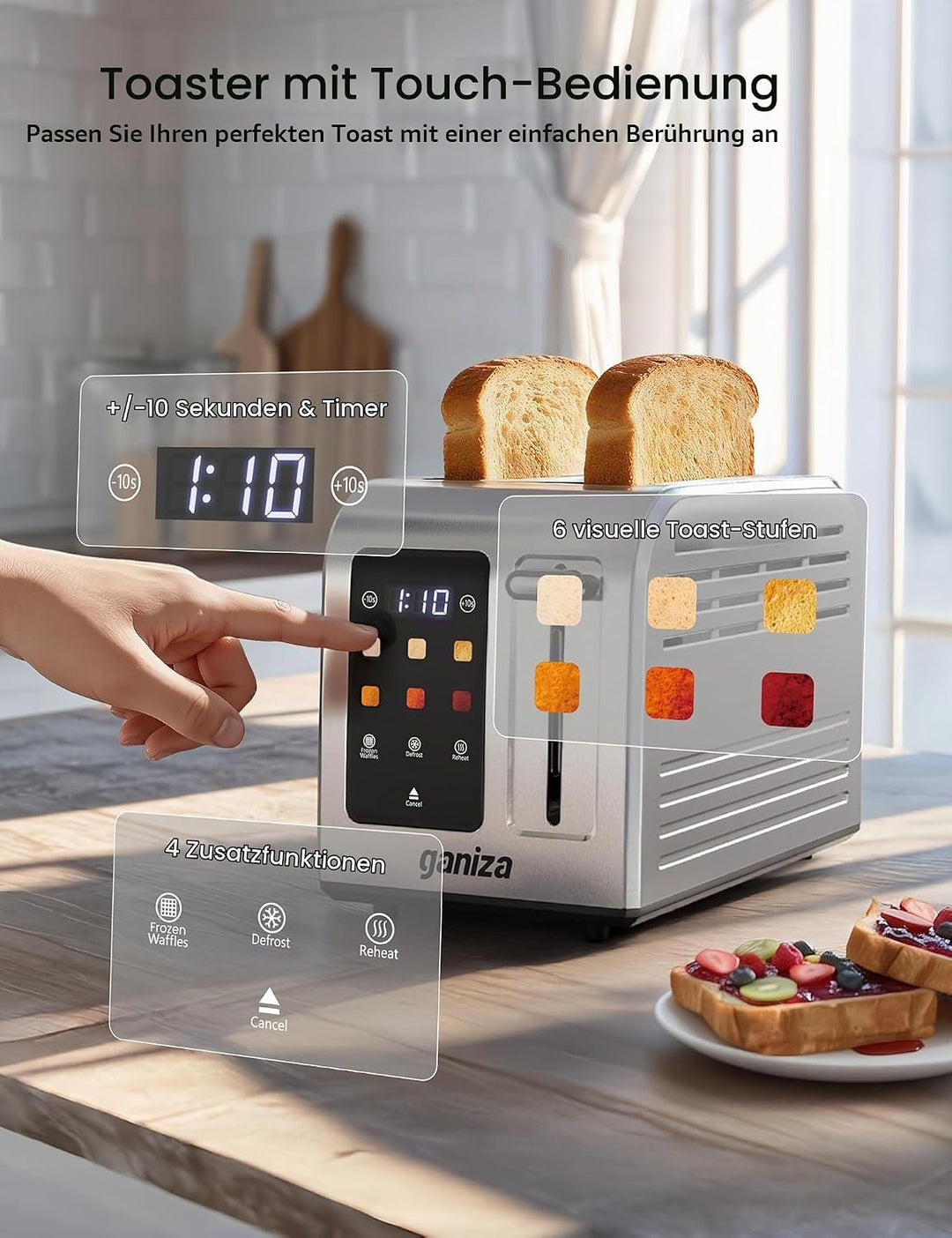 Ganiza Smart Toaster 2 Scheiben, Toaster Edelstahl mit Touchscreen, digitaler Timer, 6 Bräunungsstuf