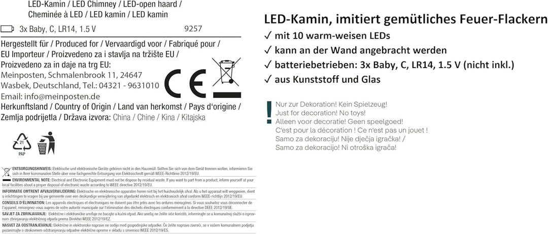 Dekokamin LED Kamin Feuer Elektrokamin Wandkamin Kaminfeuer Batterie 60x20