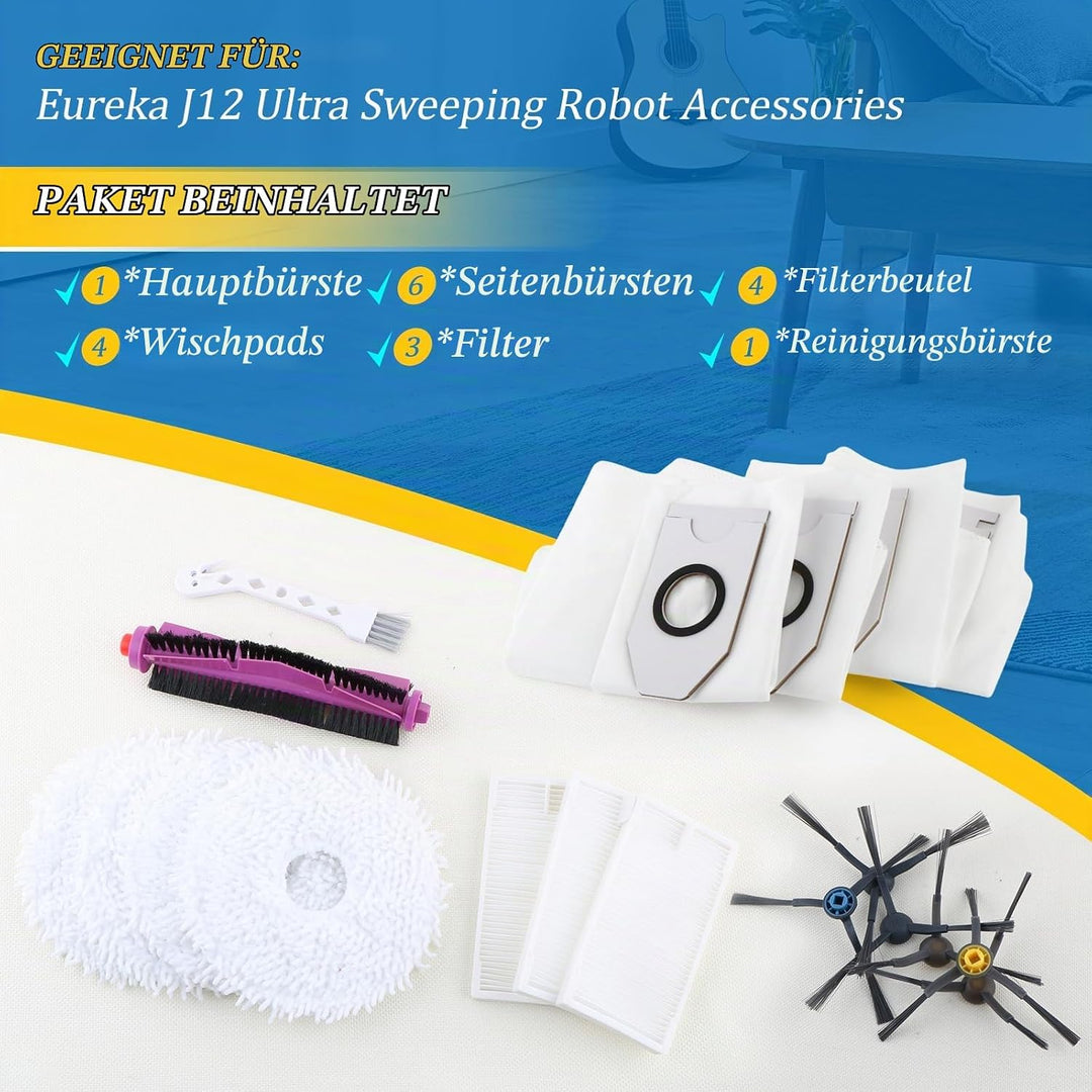 19PCS Zubehör für Eureka J12 Ultra mit 1 Hauptbürste, 6 Seitenbürsten, 4 Staubbeutel, 4 Mopp, 3 HEPA