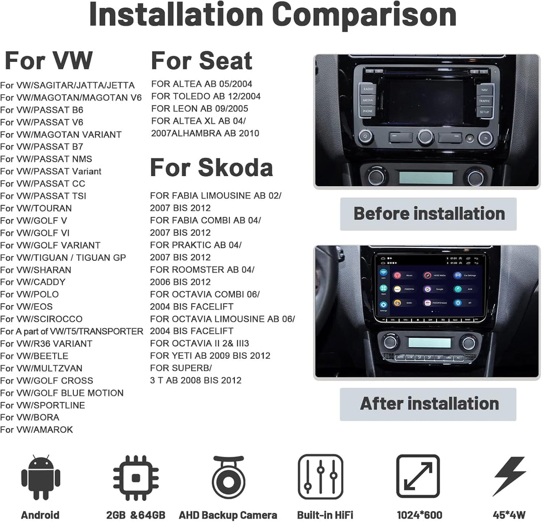 [2+64G] Android 13 Carplay Autoradio für VW Golf 5 Golf 6 Skoda Passat Polo Radio, Wireless Android