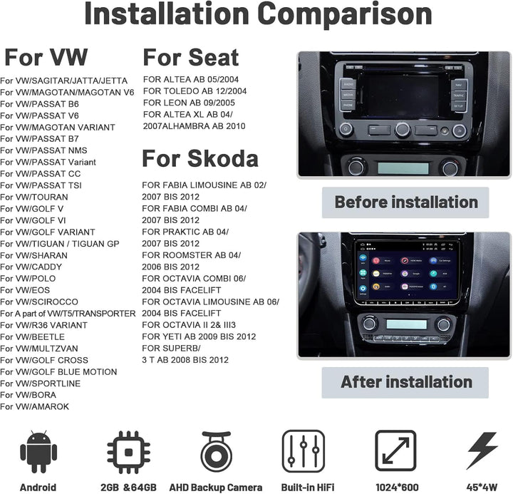[2+64G] Android 13 Carplay Autoradio für VW Golf 5 Golf 6 Skoda Passat Polo Radio, Wireless Android