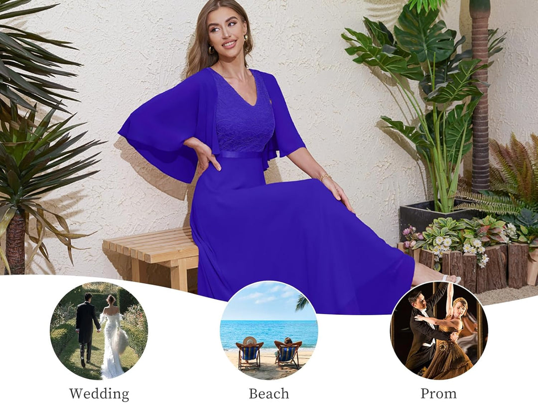 DRESSTELLS Damen Ballkleid Lang Abendkleider Elegant für Hochzeit mit Kurze Ärmel XXL Royal Blue, XX