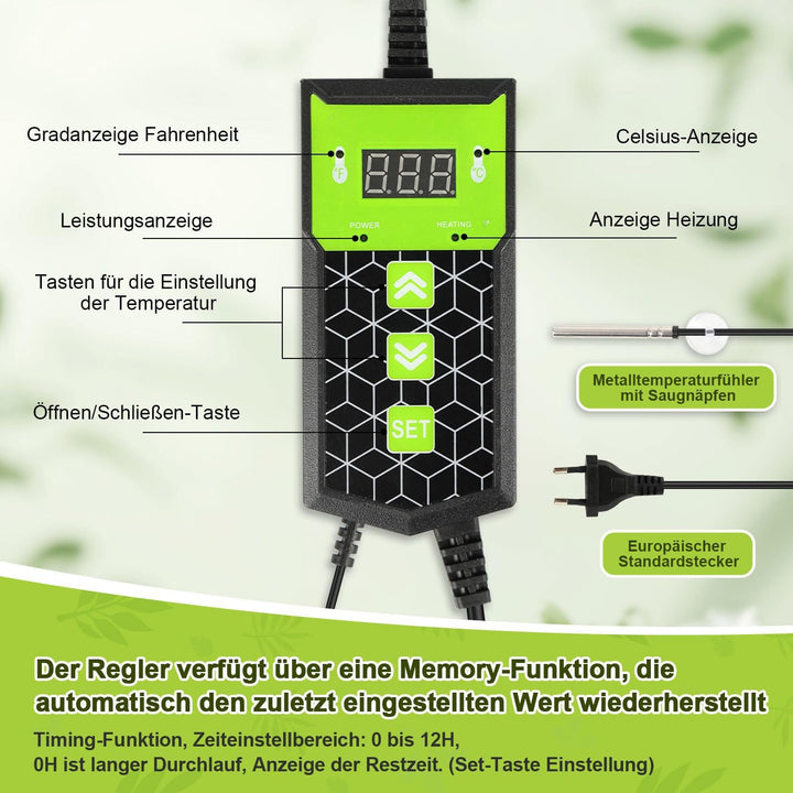 1 Stück Heizmatte Pflanzen mit Thermostat, Wärmematte IP67 Wasserdicht, 27W Heizkissen mit Timing-Fu