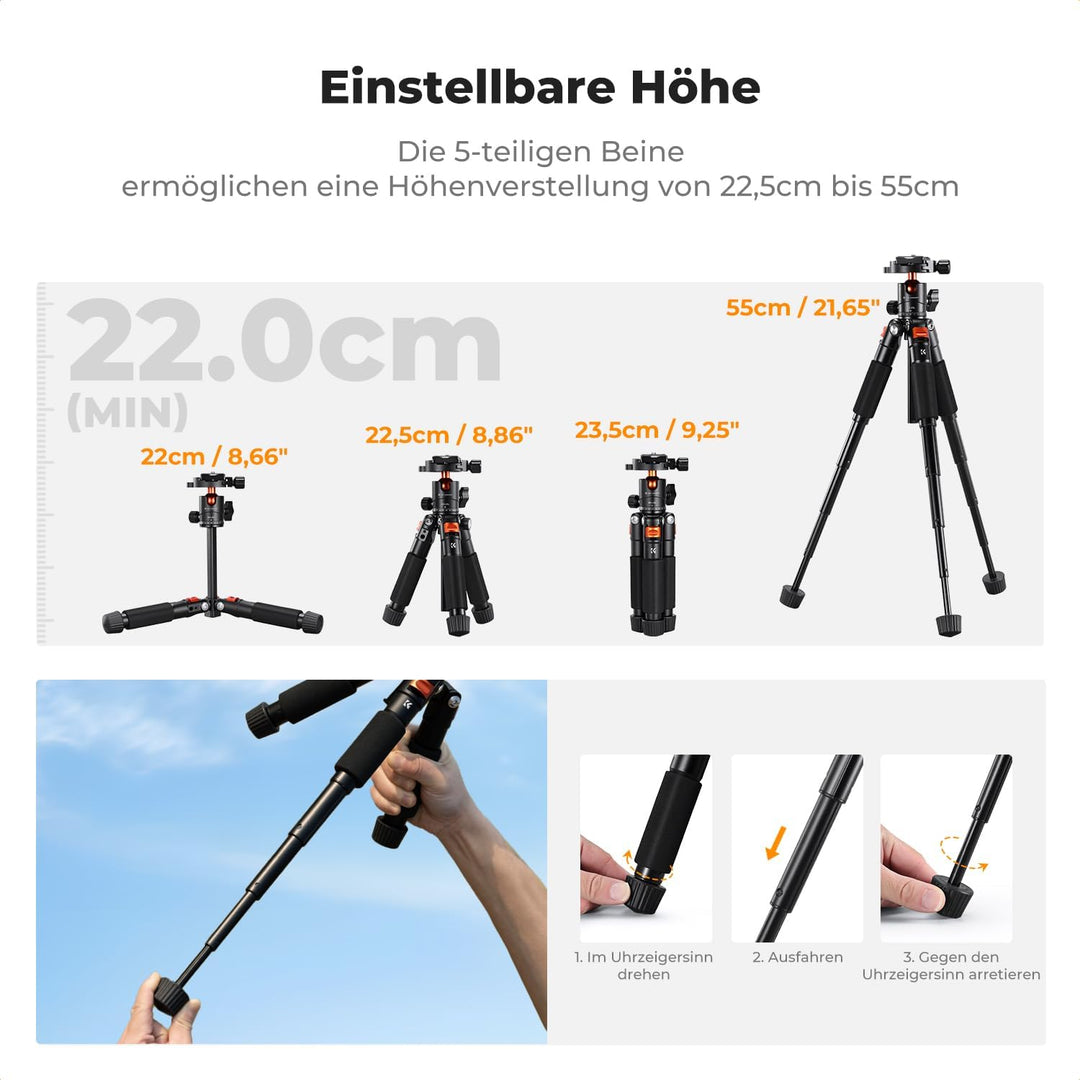 K&amp;F CONCEPT Mini Stativ, 55cm Aluminium Kamera Stativ mit 360° Kugelkopf | Belastung bis zu 6kg, 0,6