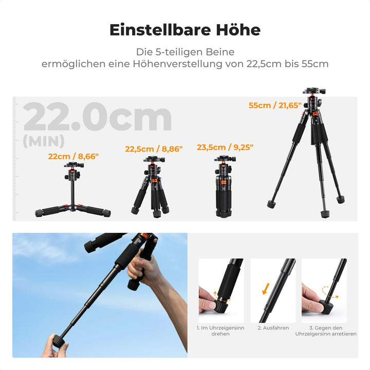 K&amp;F CONCEPT Mini Stativ, 55cm Aluminium Kamera Stativ mit 360° Kugelkopf | Belastung bis zu 6kg, 0,6