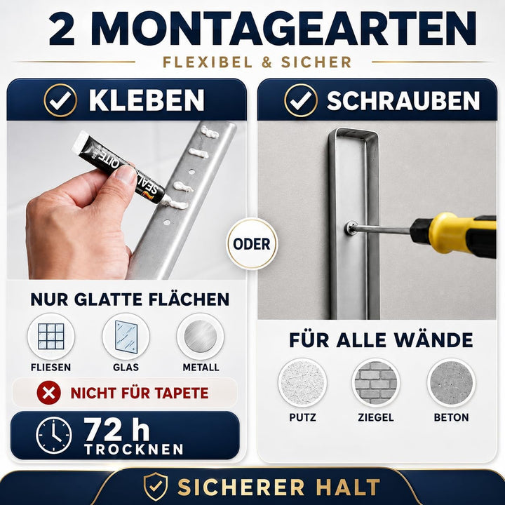 Premium Handtuchhalter ohne Bohren oder mit für Bad | Handtuchstange weit von einander = trockenes B